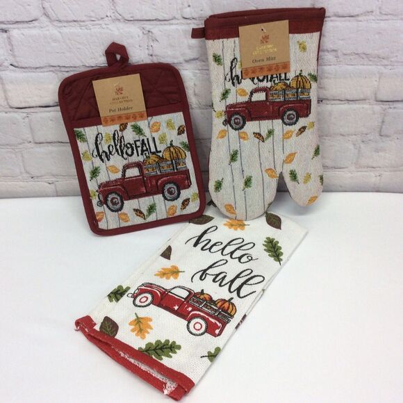Hello Fall Red Truck 3Pc Kitchen Set Dish Towel/Pot Holder/OvenMitt Multicolored - Picture 4 of 4
